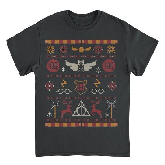 Harry Potter Hogwarts Christmas Pattern Black T-Shirt