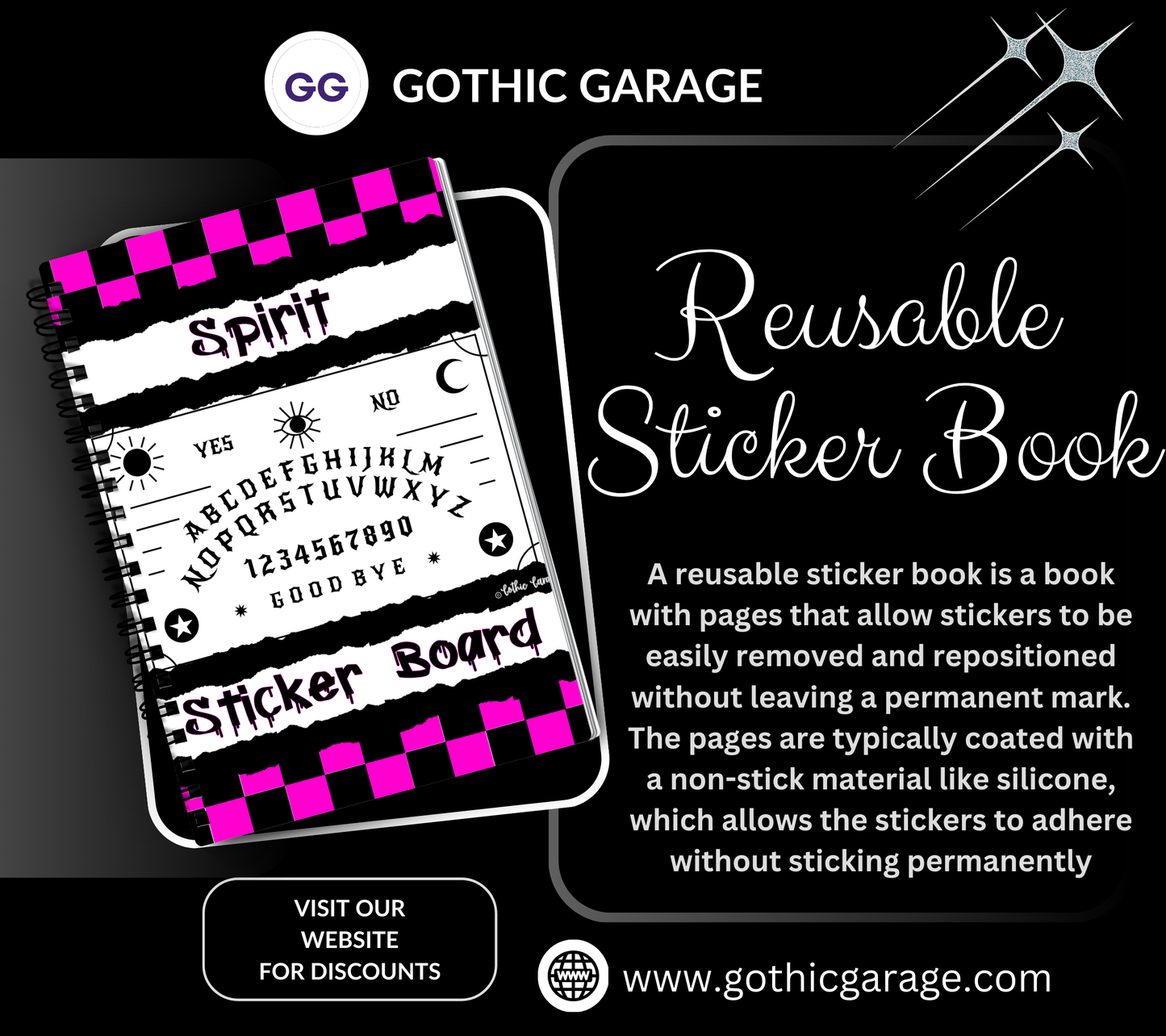 Retro Spirit Board Reusable Sticker Book, Gothic Vibe Sticker Album, Perfect Gift to Personalize for Goth Lovers & Sticker Collectors