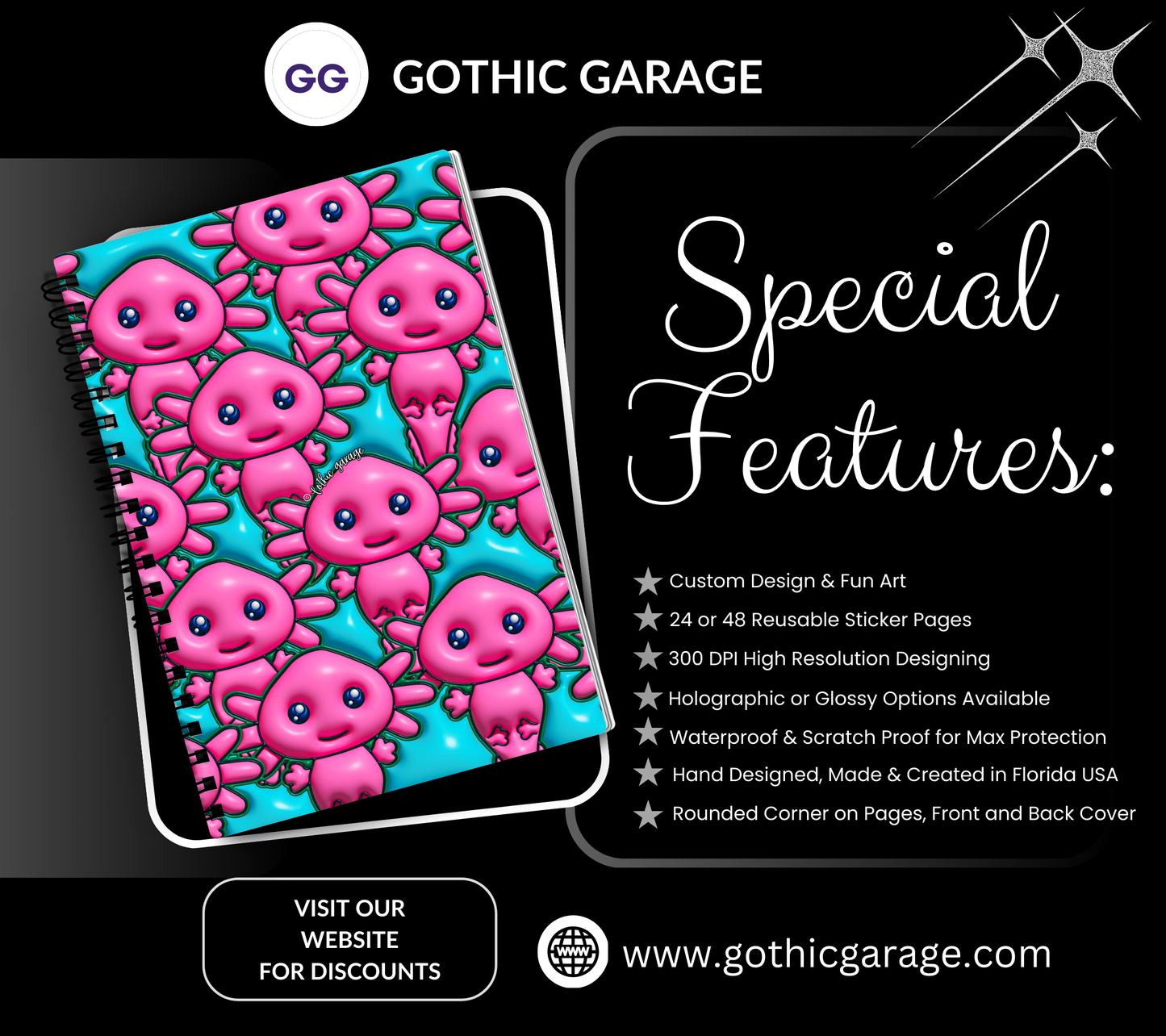 Pink Axolotl Reusable Sticker Book, Modern Designed Album, Kid and Adult Friendly For Organizing Stickers