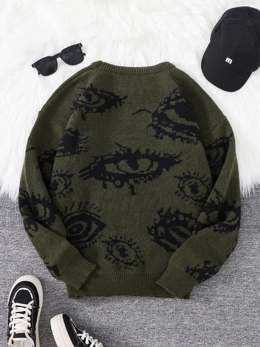 New Popular Autumn and Winter Abstract Eye Jacquard Pattern Pullover Sweater Casual Round Neck Knitted Men's Pullover