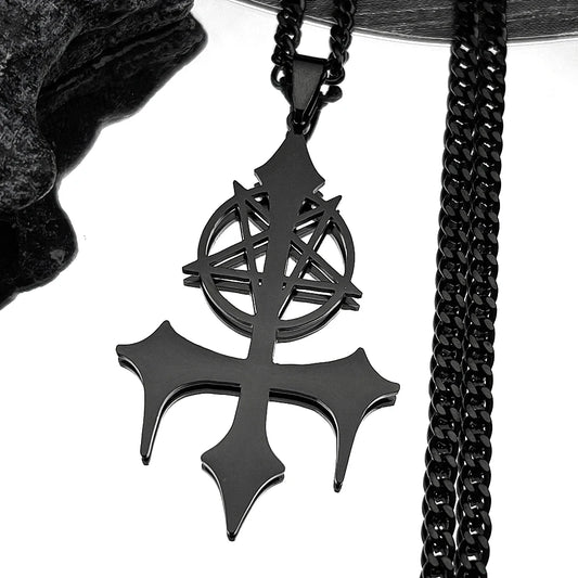 Goth Pentagram Sigil Satan Cross Necklace for Men Stainless Steel Black Y2k Gothic Star Lucifer Jewelry Halloween Gift N3002