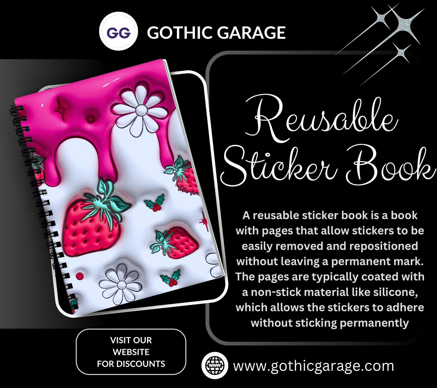 3D Stawberries Reusable Sticker Book, Sticker Album and Organizer, Kid Friendly and Waterproof