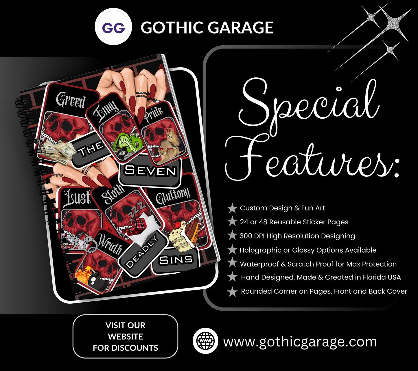 7 Deadly Sins Reusable Sticker Book, Gothic Vibe Sticker Album, Perfect Gift to Personalize for Goth Lovers & Sticker Collectors