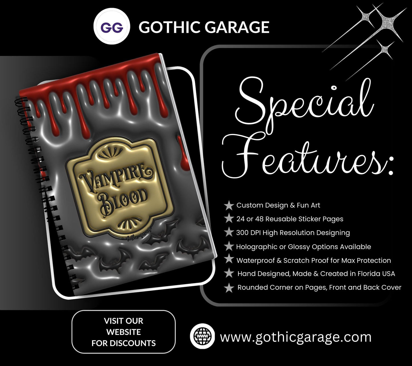 Gothic Vampire Blood Reusable Sticker Book, Gothic Vibe Sticker Album, Perfect Gift to Personalize for Goth Lovers & Sticker Collectors