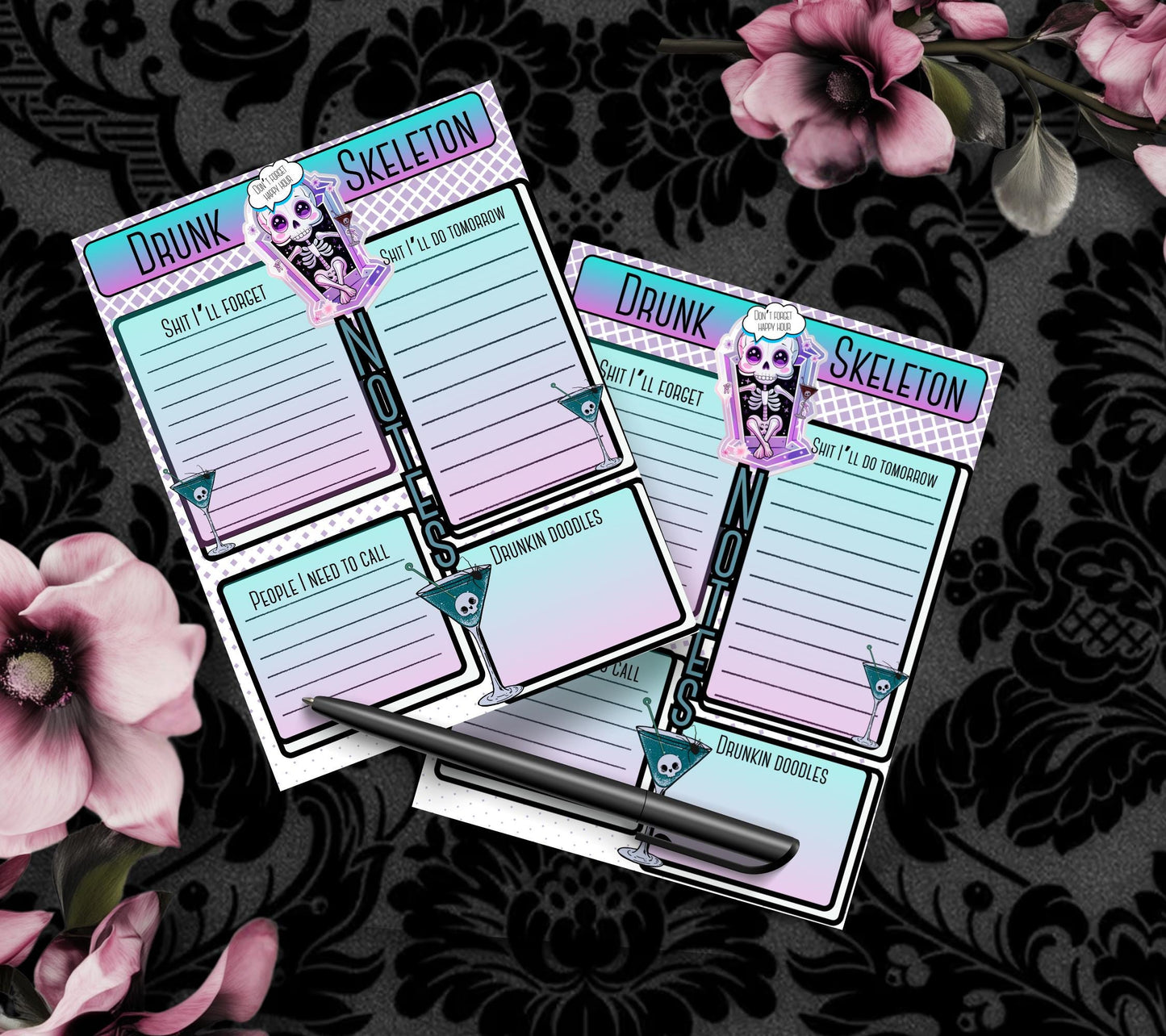 Gothic Kawaii Drunk Skeleton Notepad: Task Management Stationery