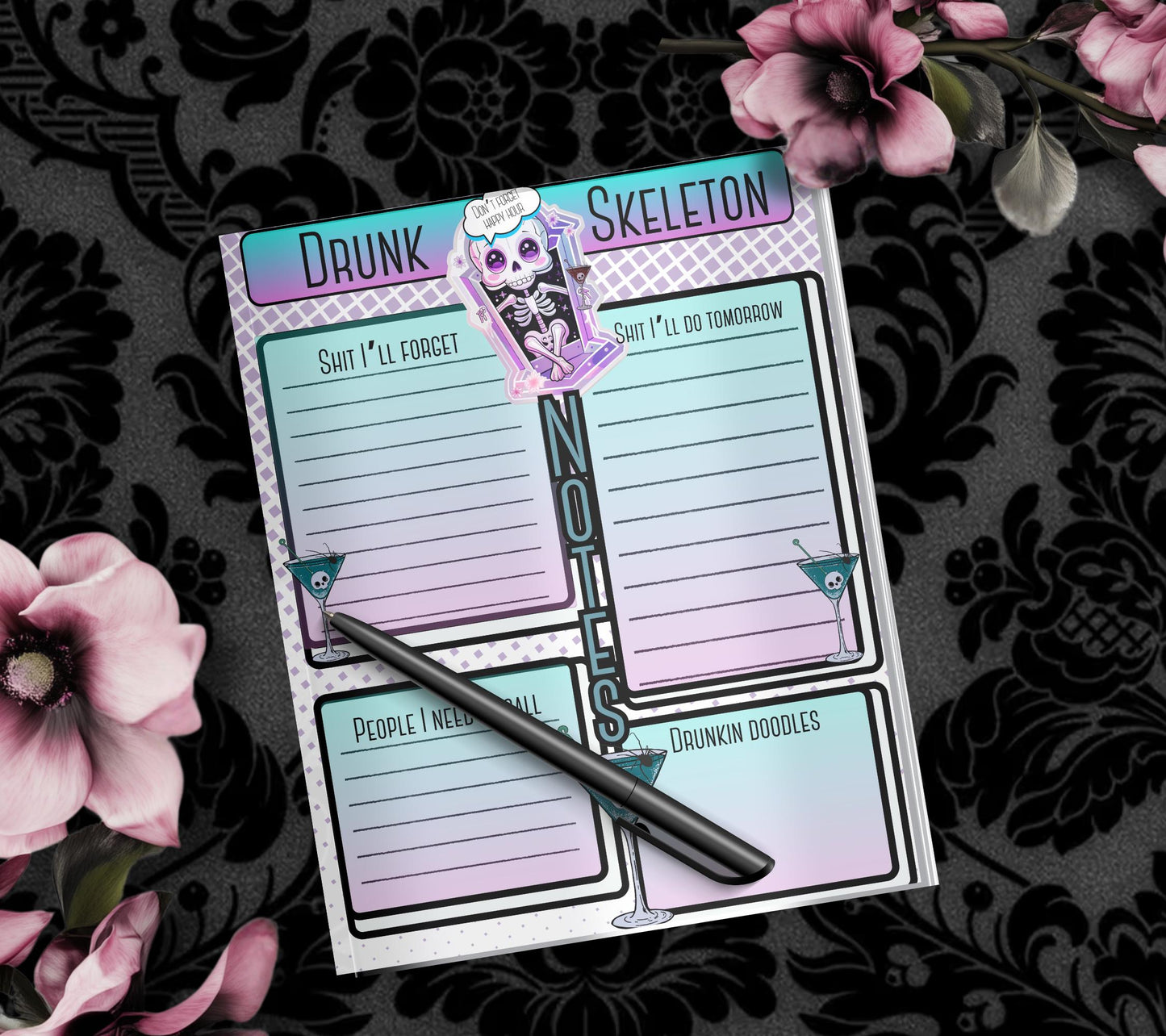 Gothic Kawaii Drunk Skeleton Notepad: Task Management Stationery