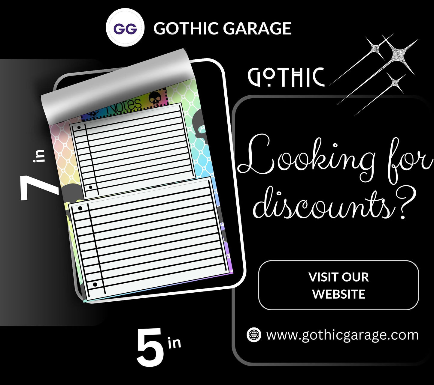 Gothic Rainbow Skull Notepad: Lined Goth Stationery