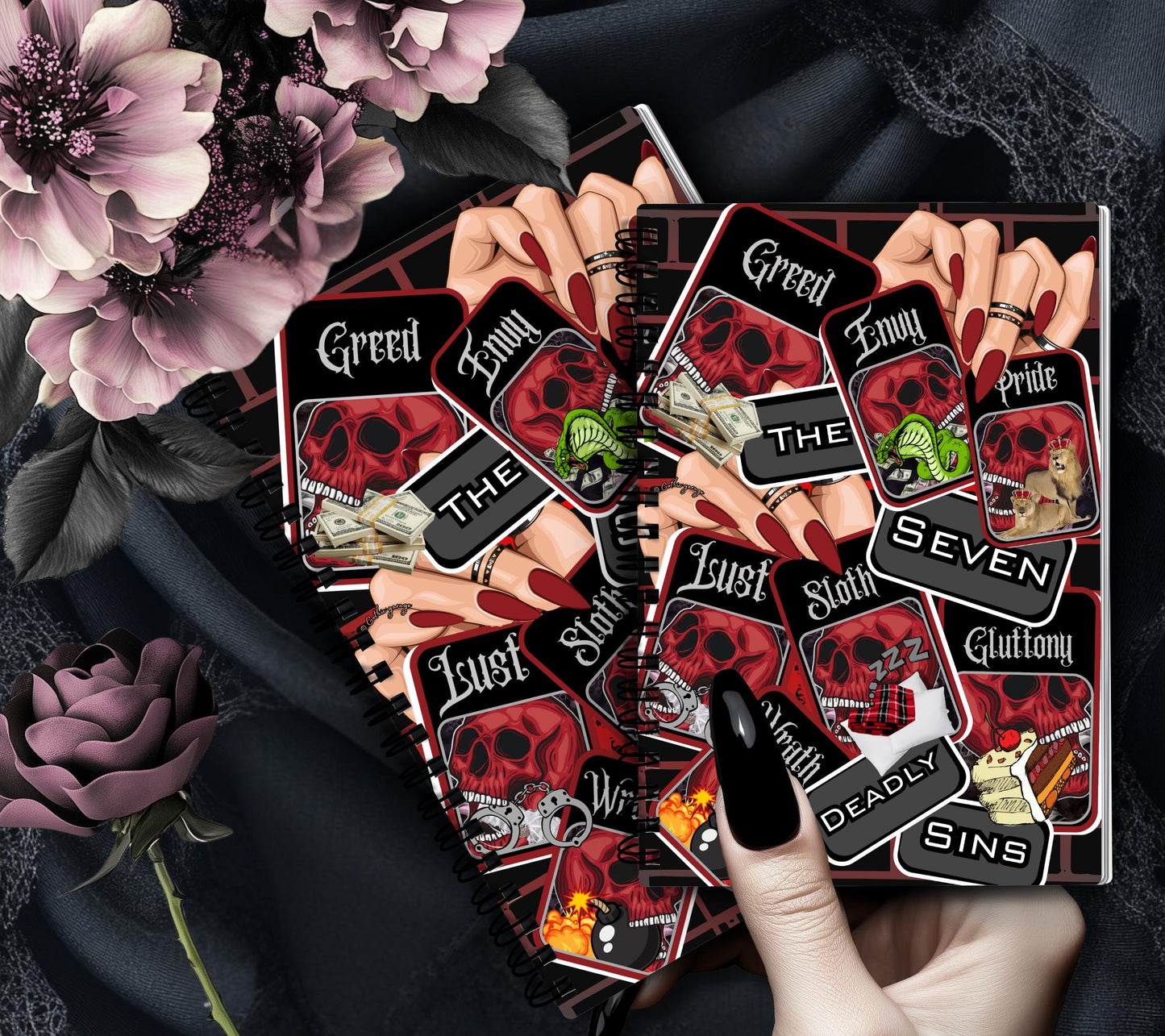 7 Deadly Sins Reusable Sticker Book, Gothic Vibe Sticker Album, Perfect Gift to Personalize for Goth Lovers & Sticker Collectors