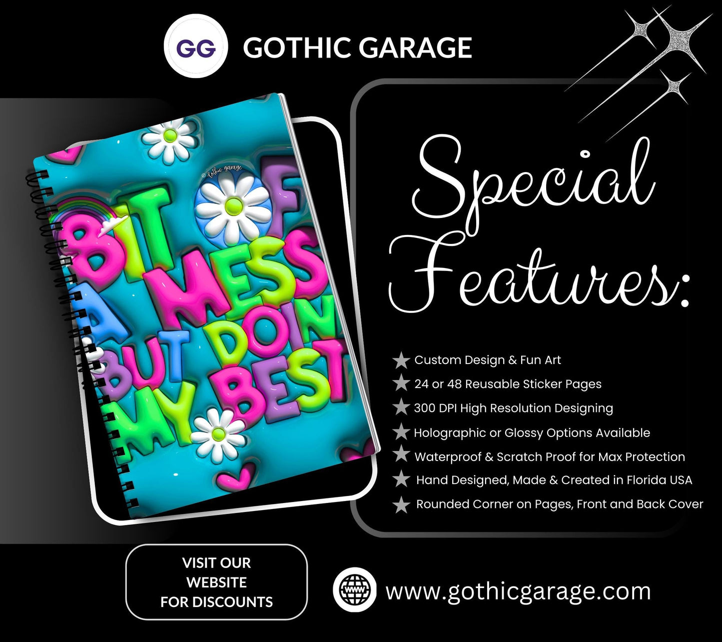 Bit Of A Mess, But Doing My Best Reusable Sticker Book, Perfect Fun Gift to Personalize for Sticker Collectors