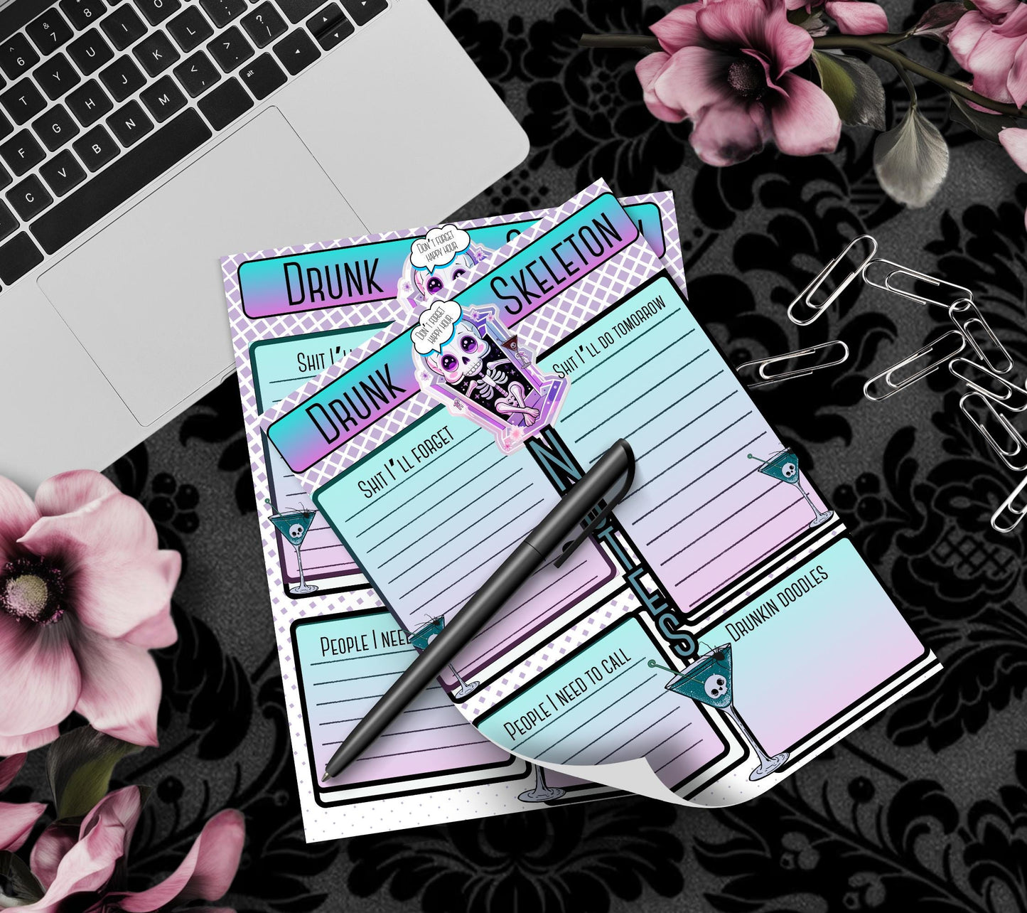 Gothic Kawaii Drunk Skeleton Notepad: Task Management Stationery