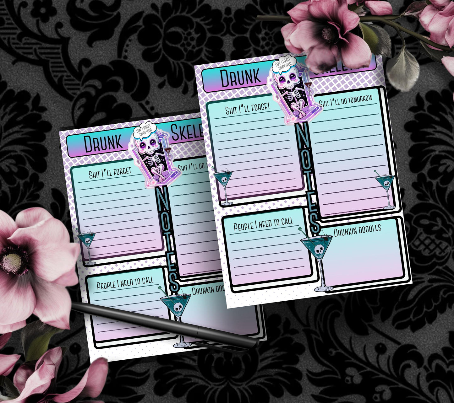 Gothic Kawaii Drunk Skeleton Notepad: Task Management Stationery
