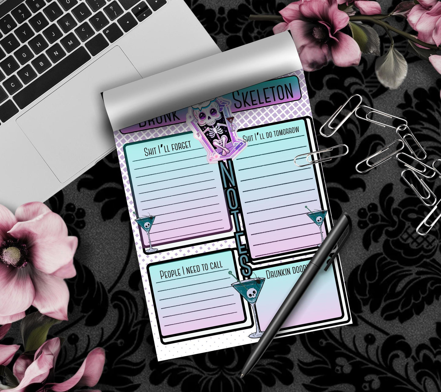 Gothic Kawaii Drunk Skeleton Notepad: Task Management Stationery