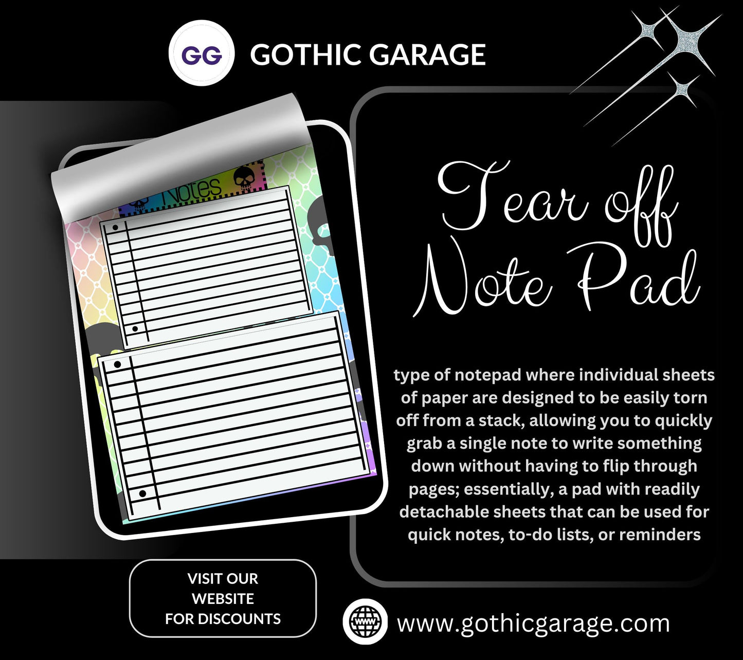 Gothic Rainbow Skull Notepad: Lined Goth Stationery