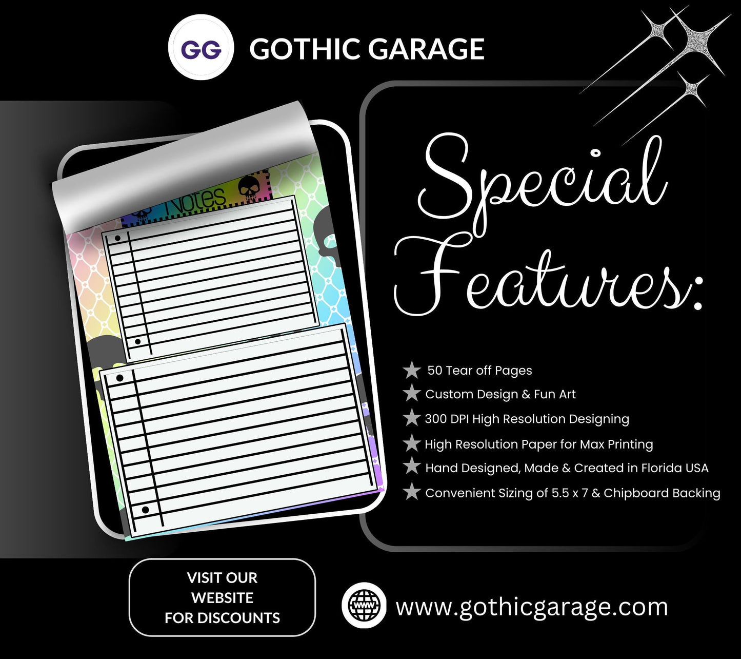 Gothic Rainbow Skull Notepad: Lined Goth Stationery