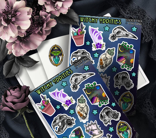 Gothic Witchy Oddities Sticker Sheet, Aesthetic Skulls, Mystical Moons & Plants - Perfect for Scrapbooking and Collecting