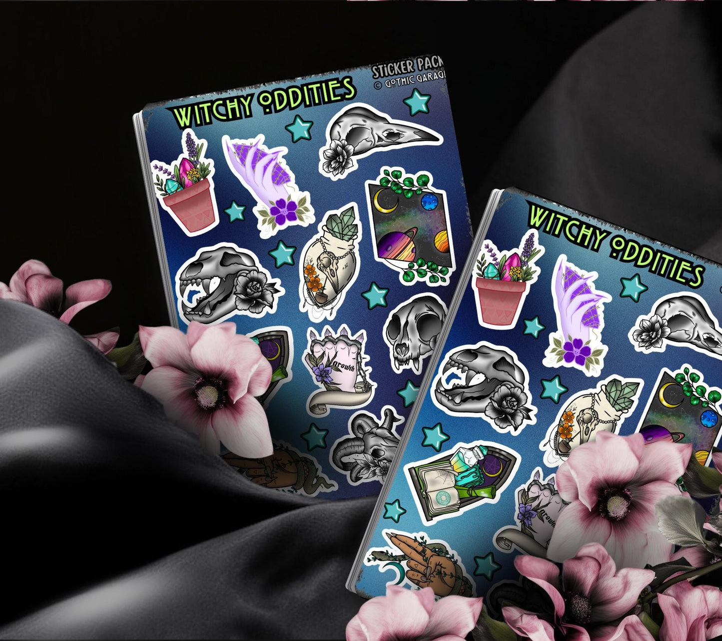 Gothic Witchy Oddities Sticker Sheet, Aesthetic Skulls, Mystical Moons & Plants - Perfect for Scrapbooking and Collecting