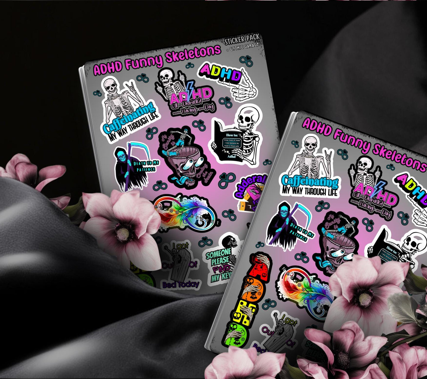 ADHD & Neurodivergent Funny Skeletons Sticker Sheet, Budget Friendly Gift for Friends, Collecting and Scrapbooking