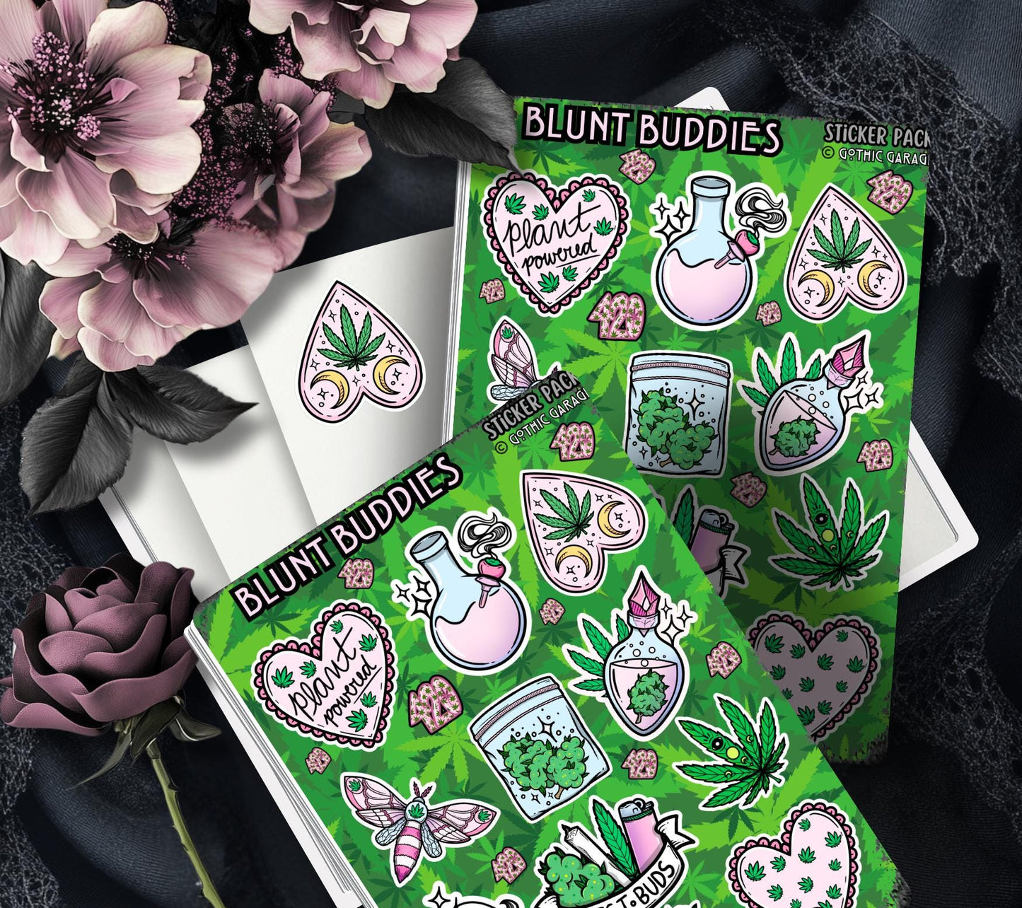 Gothic Marijuana Blunt Buddies Sticker Sheet – Where Fun Meets Plant-Powered Vibes! - Perfect for Scrapbooking and Collecting