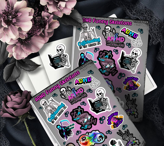 ADHD & Neurodivergent Funny Skeletons Sticker Sheet, Budget Friendly Gift for Friends, Collecting and Scrapbooking