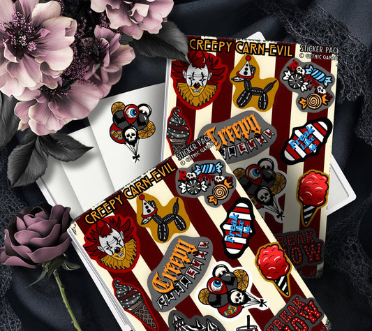 Creepy Carnival Sticker Sheet – Horror Circus Clown Aesthetic - Perfect for Scary Scrapbooking & Collecting or Showing Off