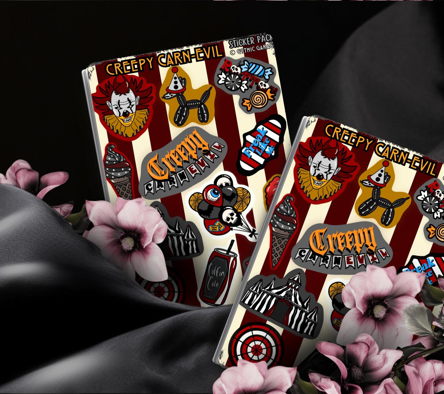 Creepy Carnival Sticker Sheet – Horror Circus Clown Aesthetic - Perfect for Scary Scrapbooking & Collecting or Showing Off