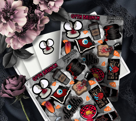 Goth Brunch Sticker Sheet – Caffeine, Chaos & Creepy Cuisine