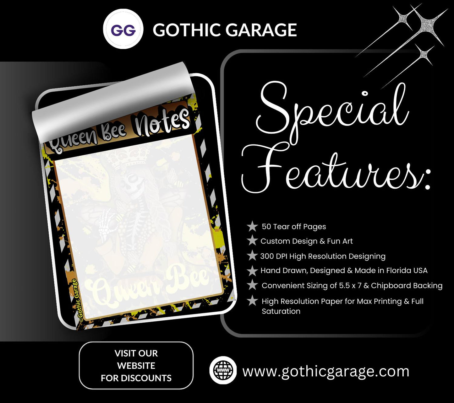 Queen Bee Skeleton Notepad: Gothic Stationery, 50 Tear-Off Sheets