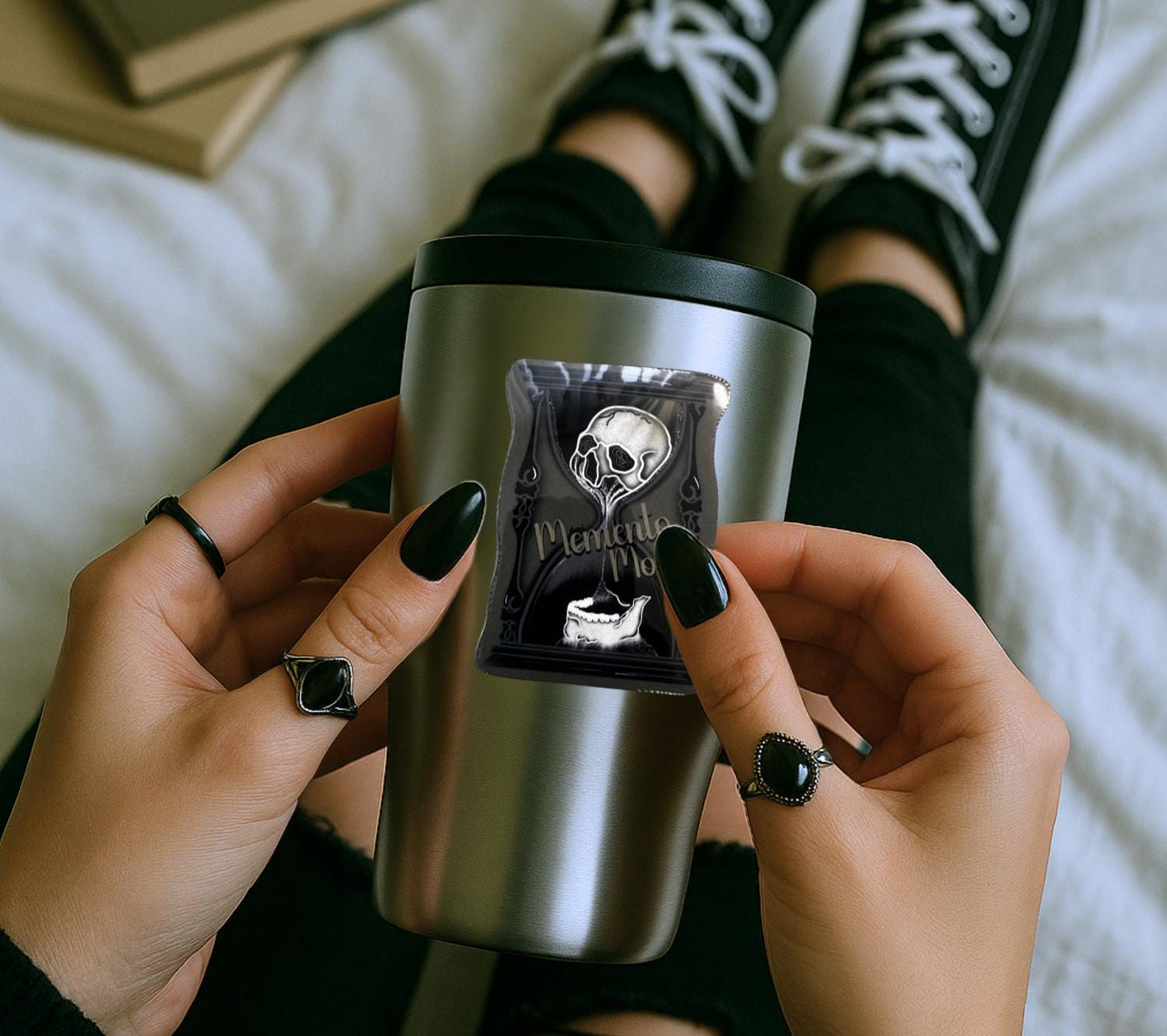 Memento Mori Sticker: Gothic Skull Hourglass, Waterproof Vinyl