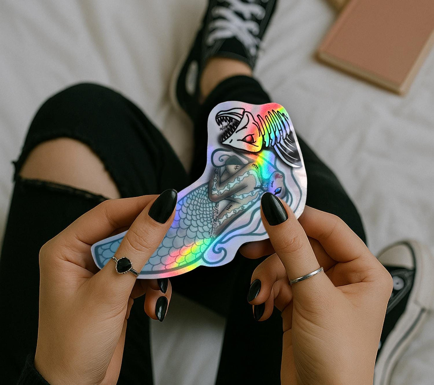 Undead Piranha Mermaid Sticker: Gothic Waterproof Die Cut