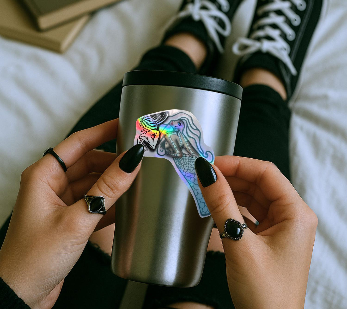 Undead Piranha Mermaid Sticker: Gothic Waterproof Die Cut