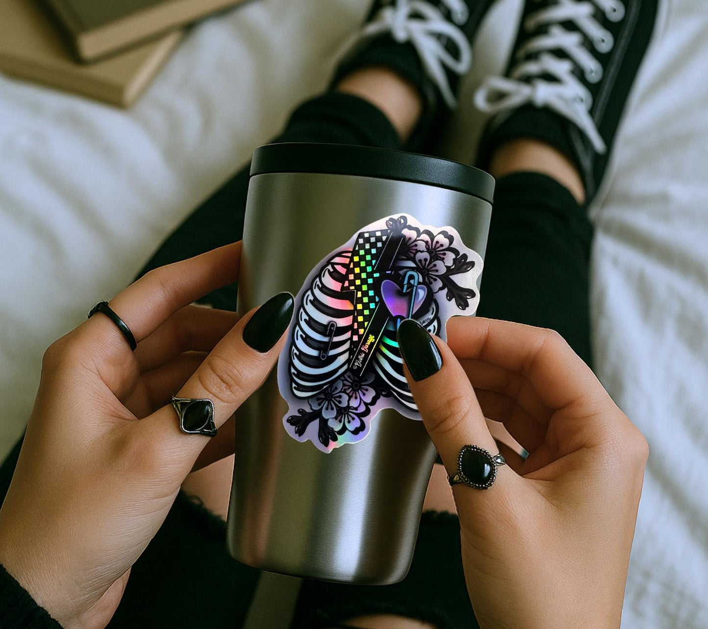 Punk Skeleton Rib Cage Sticker: Cherry Blossoms, Gothic, Waterproof