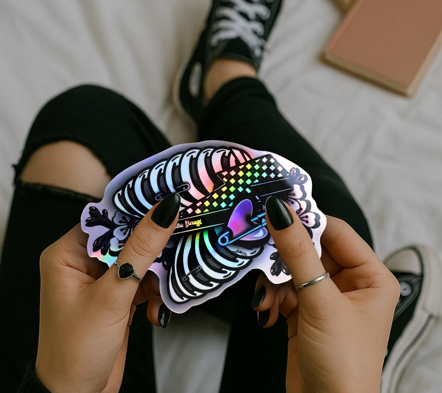 Punk Skeleton Rib Cage Sticker: Cherry Blossoms, Gothic, Waterproof