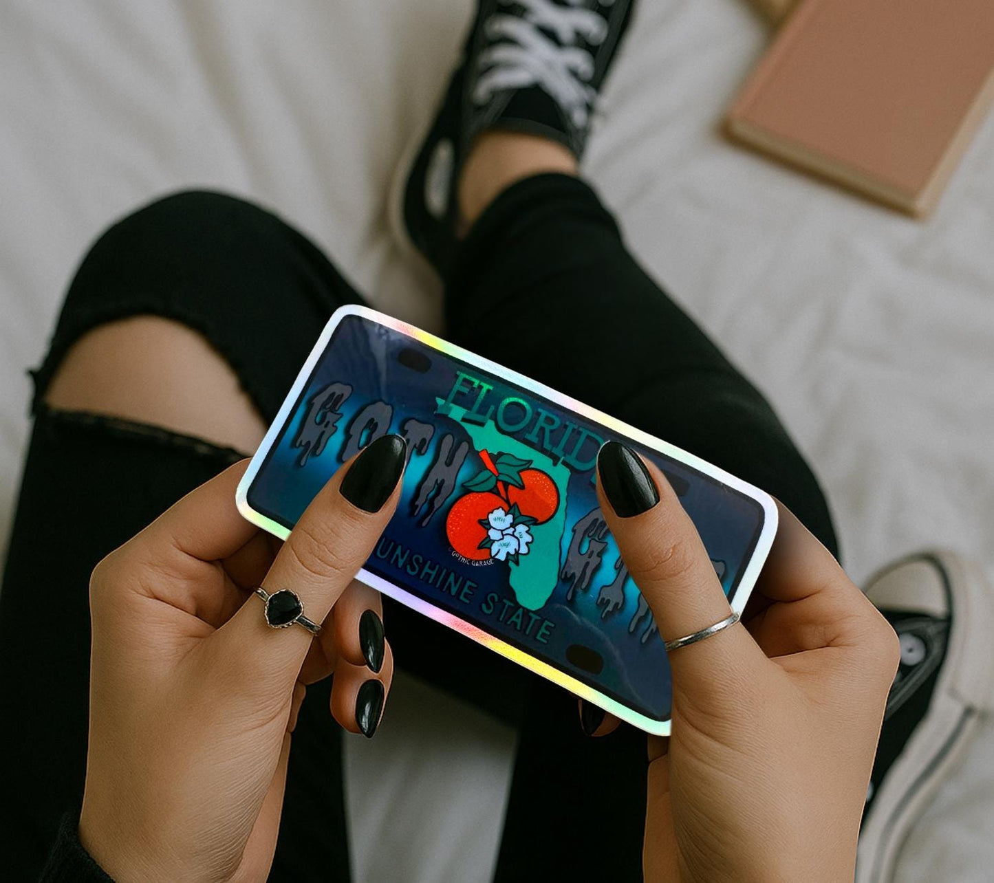 State Goth Girl License Plate, Customize Your Waterproof Die Cut Sticker, Choose Between Glossy or Holographic, Perfect Fun to any Surface