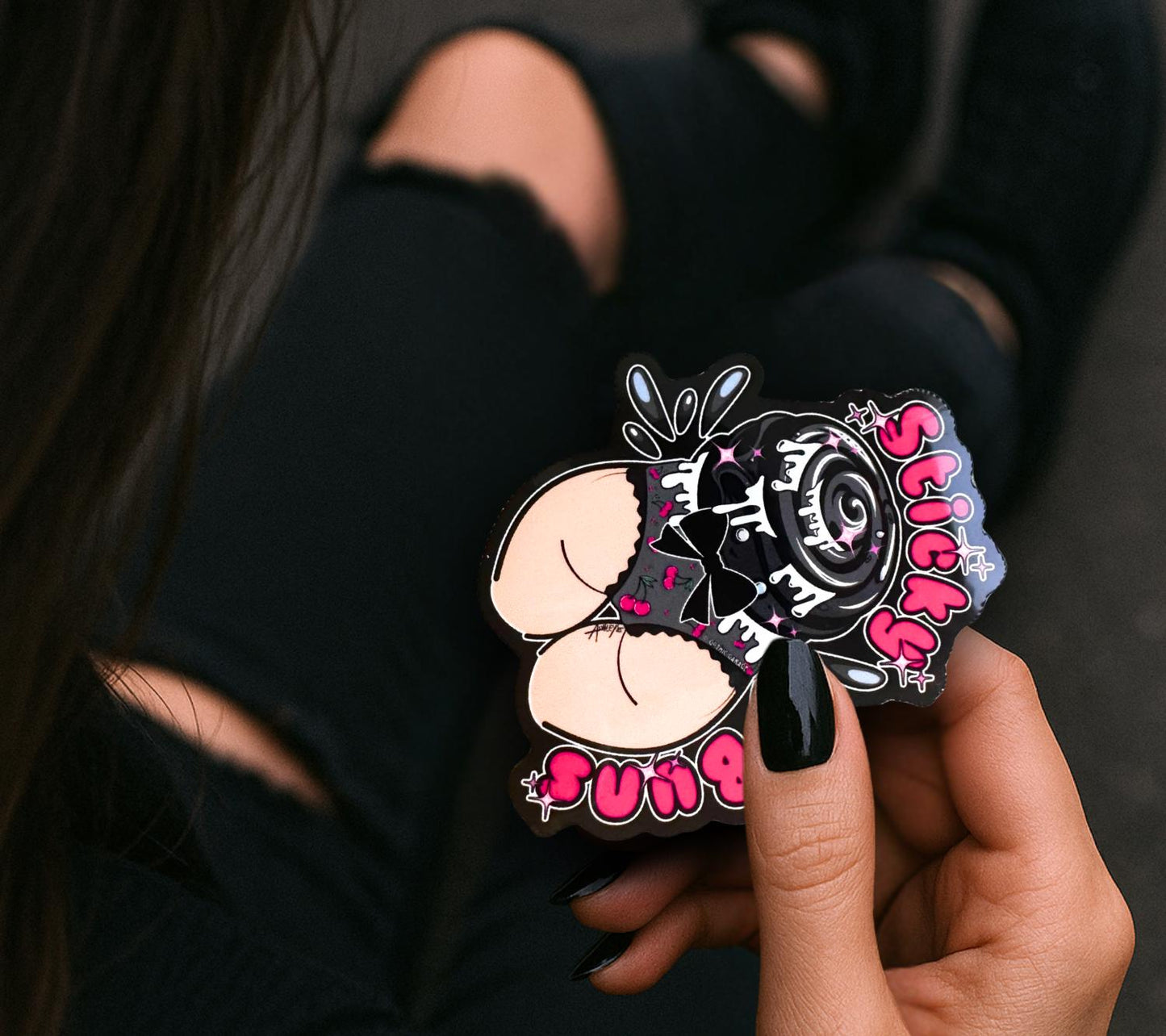 Naughty Goth Sticky Buns Sticker – Waterproof Die Cut, Glossy or Holographic Finish, Fun Gothic Humor Decal