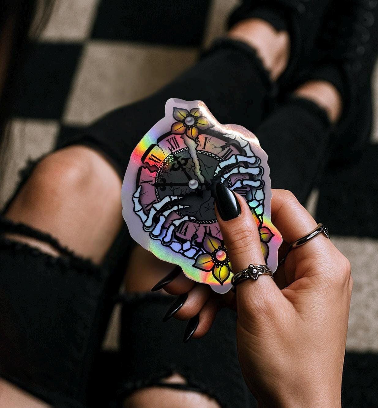 Broken Skeleton Clock Die Cut Waterproof Sticker—Timeless beauty with a gothic twist!