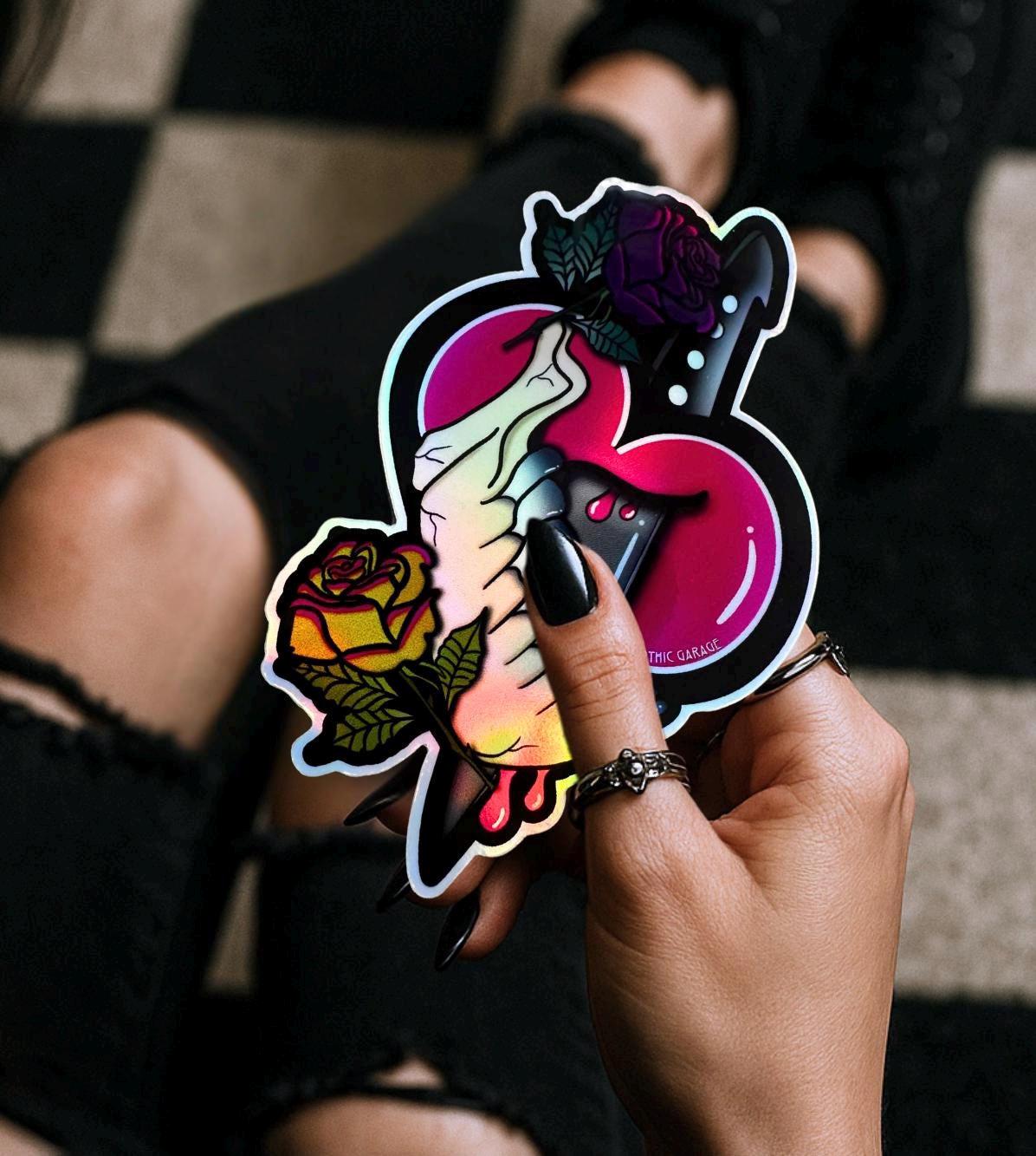 Dark Oddity Romance Waterproof Sticker - Skeleton Bone & Roses, Glossy or Holographic Options - Perfect for Laptops, Journals and Much More