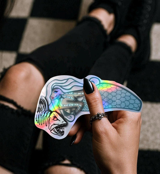 Undead Piranha Mermaid Sticker: Gothic Waterproof Die Cut