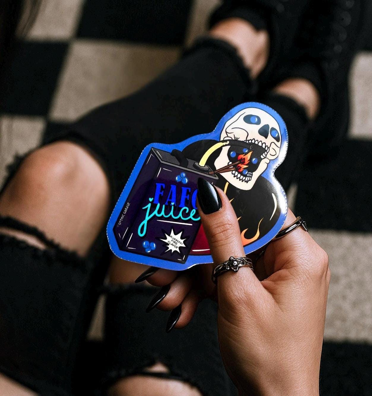 FAFO Juice Skull Sticker: Gothic Sarcasm, Waterproof Vinyl (Glossy or Holographic)