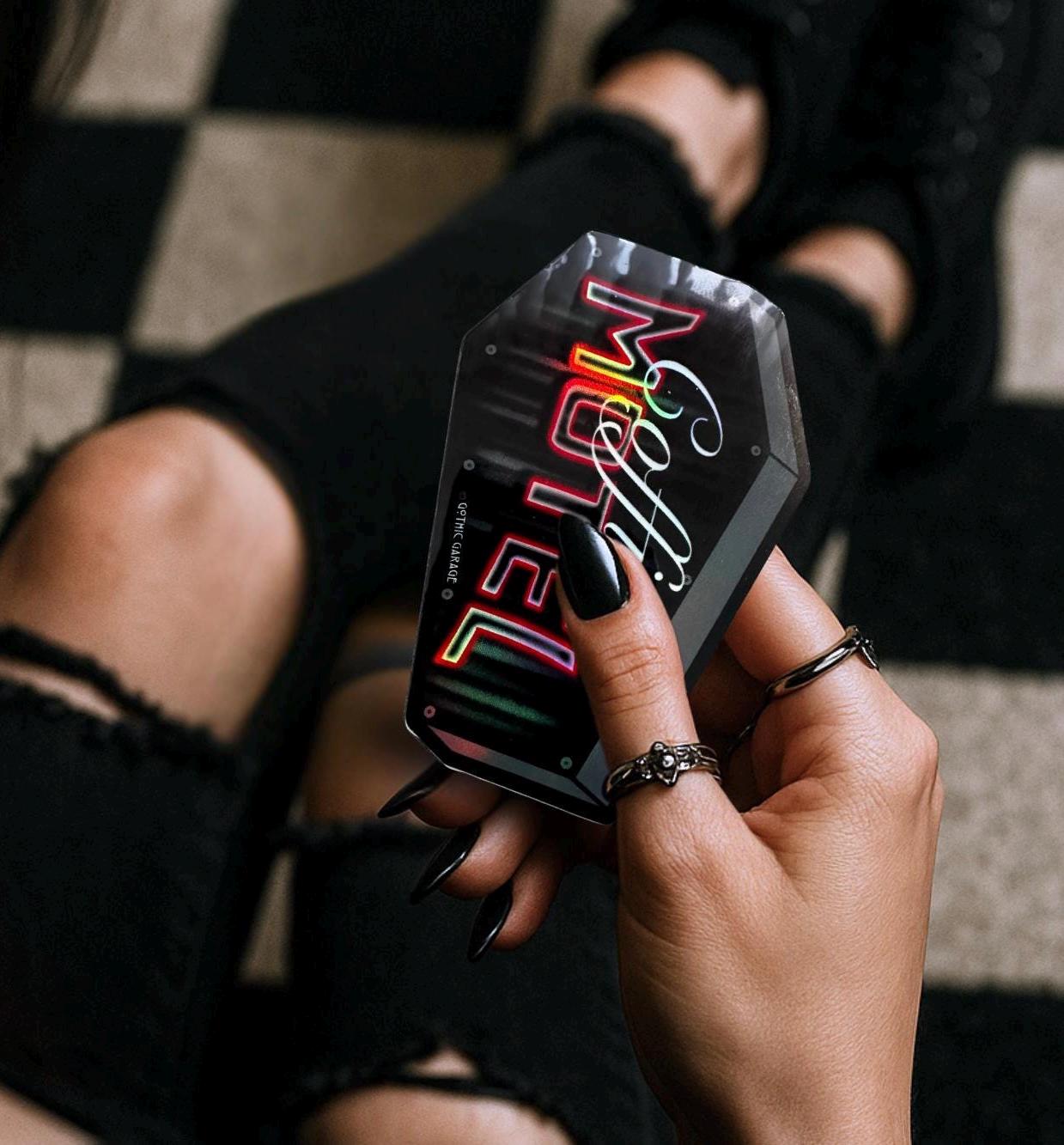 Neon Red Coffin Motel Sticker: Gothic Waterproof Die Cut