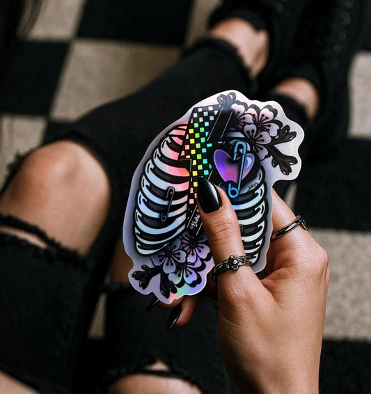 Punk Skeleton Rib Cage Sticker: Cherry Blossoms, Gothic, Waterproof