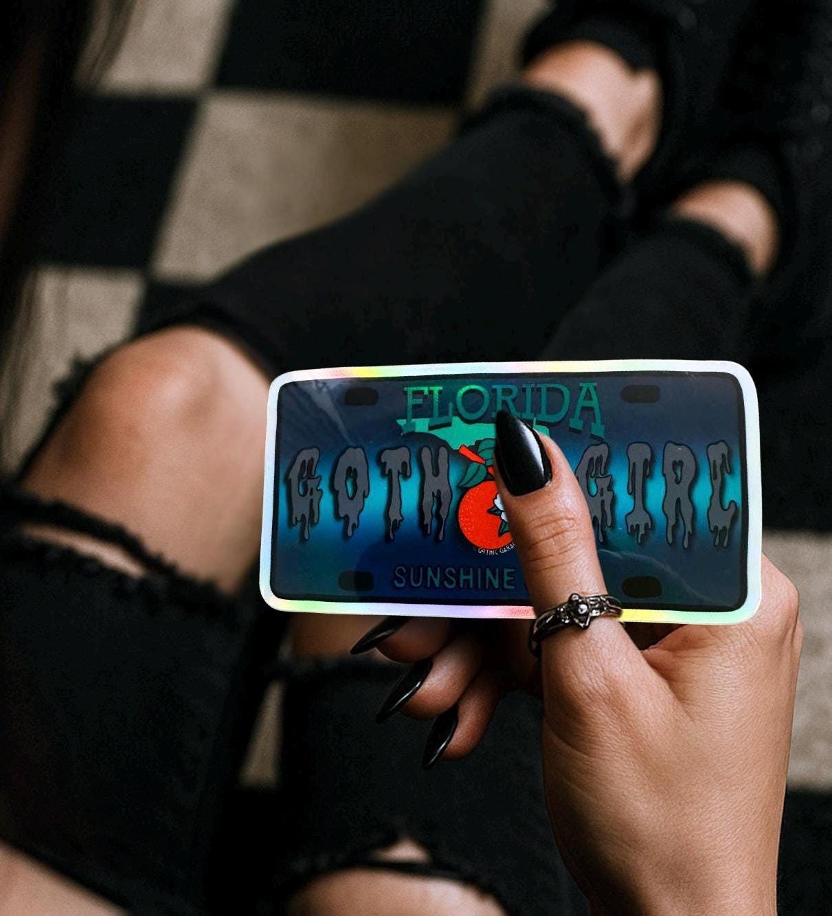 State Goth Girl License Plate, Customize Your Waterproof Die Cut Sticker, Choose Between Glossy or Holographic, Perfect Fun to any Surface