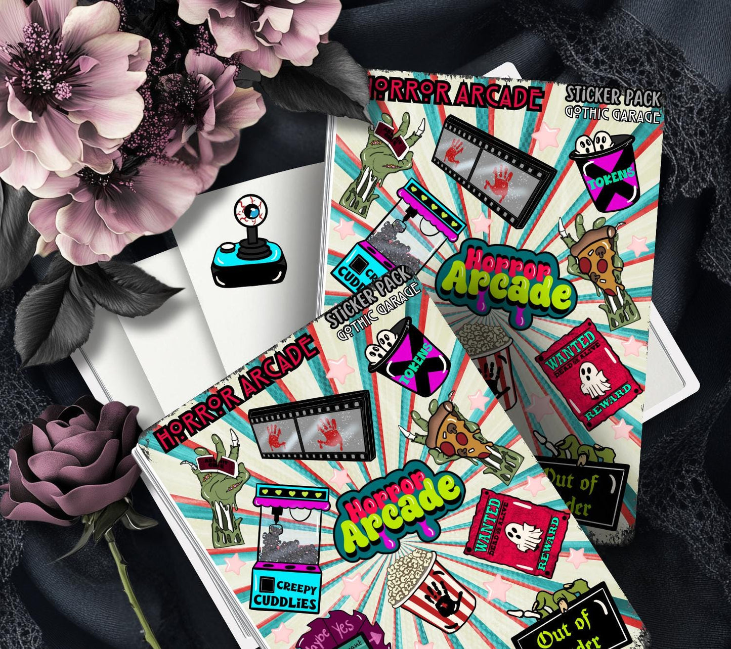 Horror Arcade Sticker Sheet – Creepy Tokens, Haunted Games & Retro Gore Galore