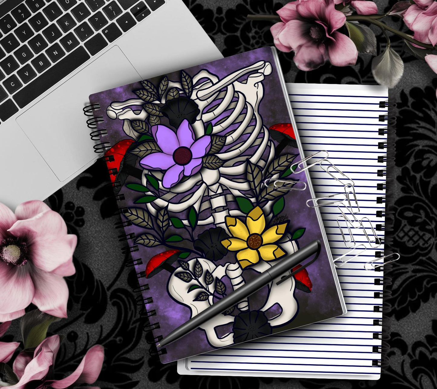 Gothic Skeleton & Botanical Notebook Hand Drawn Detail  – 160 Lined Pages for Daily Tasks, Notes, and Personal Writing