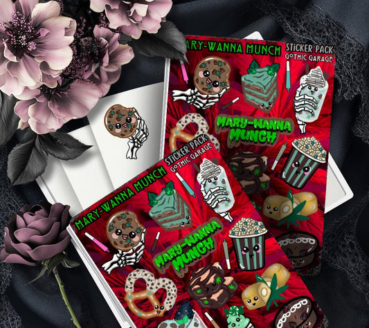 Marijuana Munch Sticker Sheet – Kawaii Edibles with a Gothic Twist