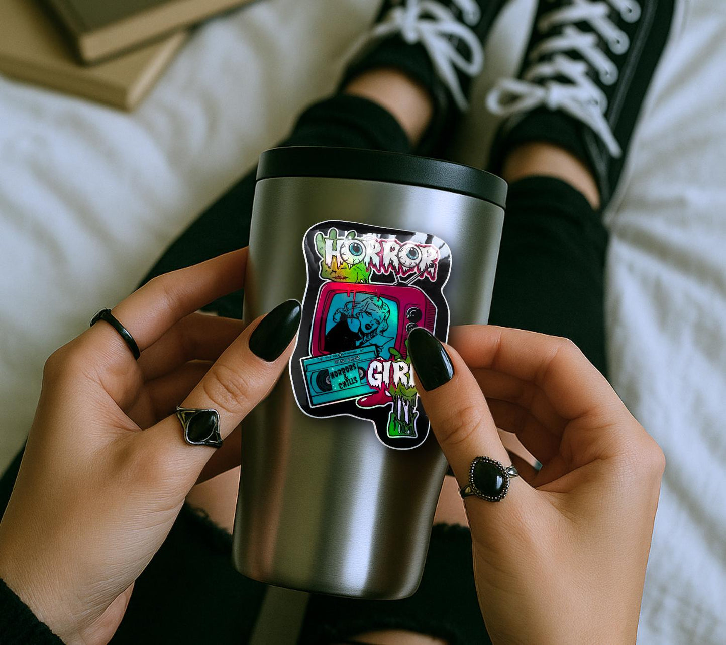 Retro Horror Girl Waterproof Sticker – Vintage Gothic TV Design