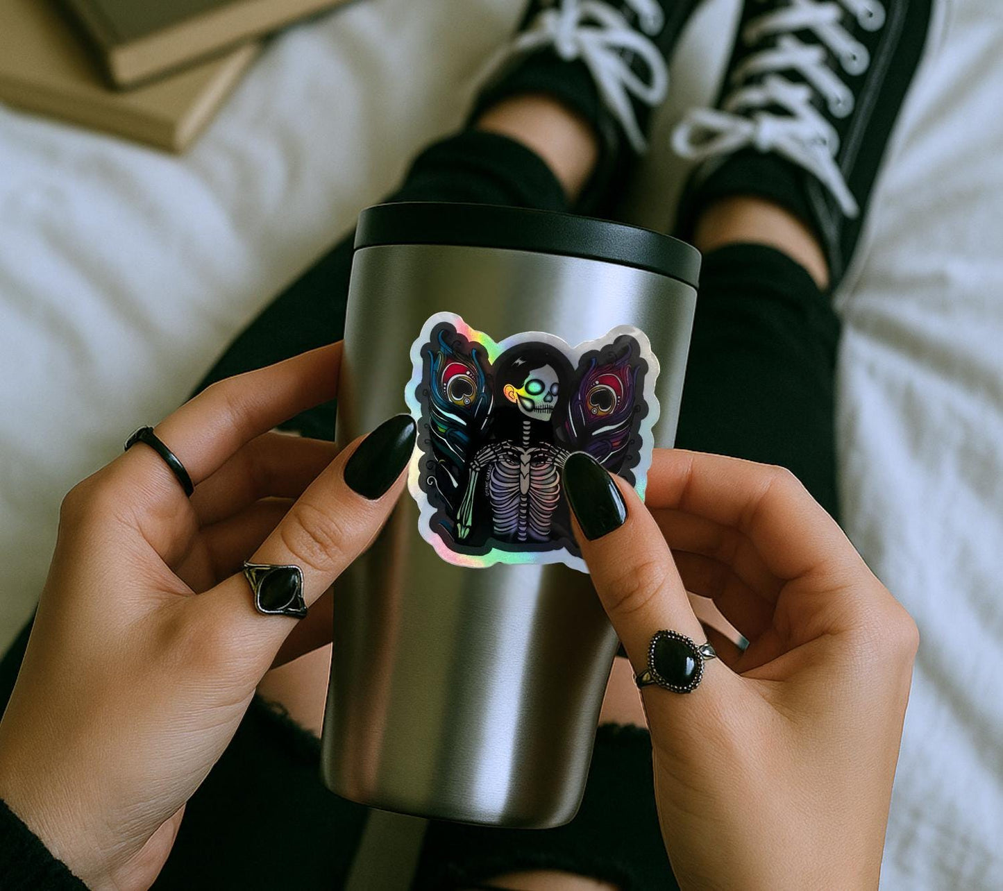 Skeleton Peacock Angel Sticker: Gothic Waterproof Vinyl Decal