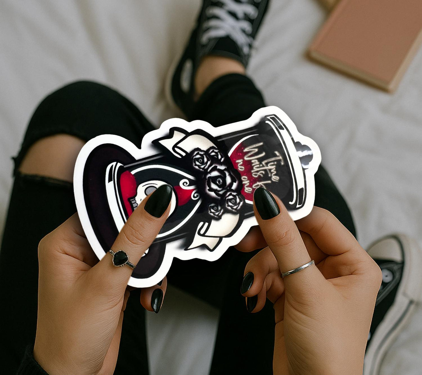 Skull Hourglass Sticker: Gothic Waterproof Die Cut, Glossy or Holographic