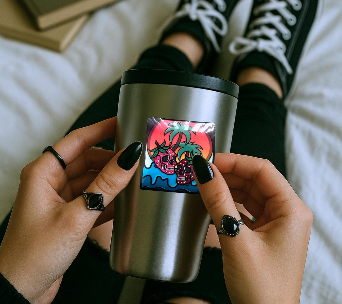 Florida Strawberry Skull Sticker: Gothic Beach Sunset, Waterproof Vinyl