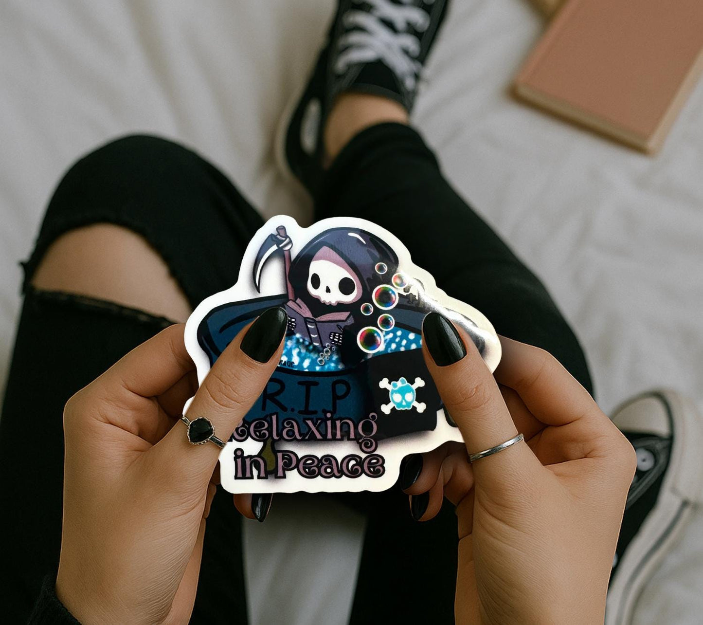 RIP Grim Reaper Waterproof Sticker: Gothic Humor, Glossy or Holographic
