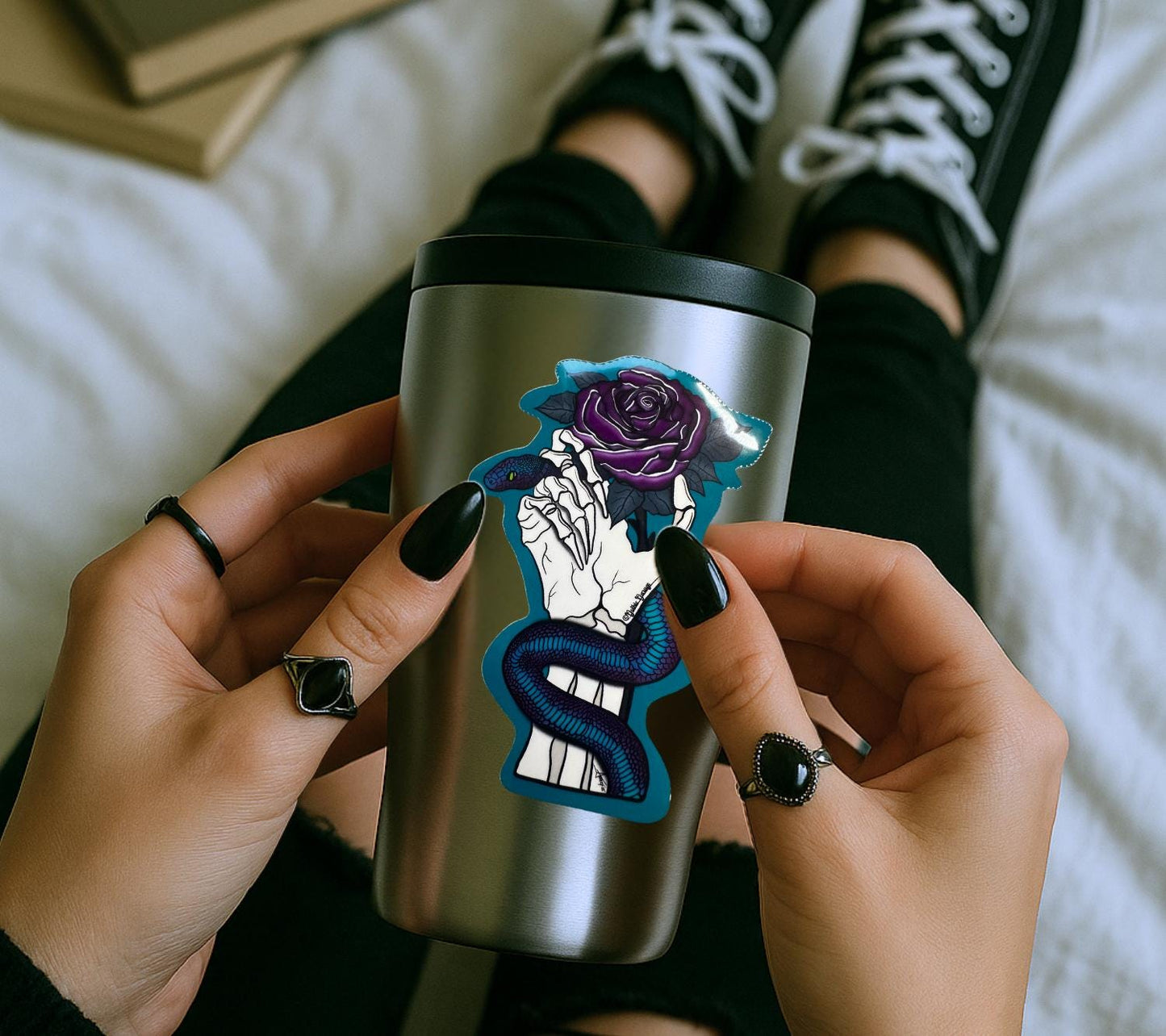 Gothic Snake & Purple Rose Sticker: Waterproof Vinyl Die Cut